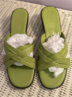 Italian Shoemakers Green Leather Wedge Slide Sandals Italy Size 8 Y2K